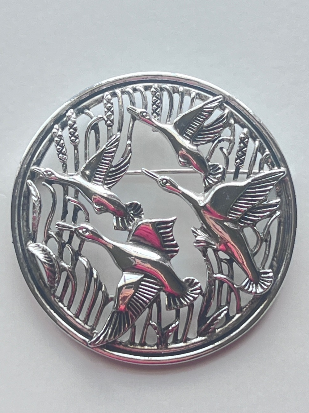 Vintage Sarah Coventry Brooch Signed Birds in Flight Flying Ducks Silver Tone
